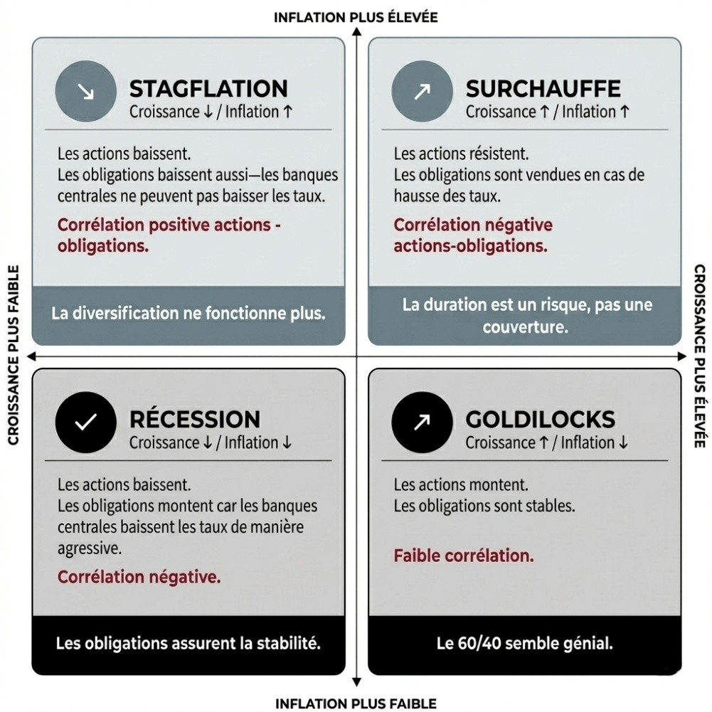 Matrice des scénarios économiques selon la croissance et l'inflation : récession, stagflation, surchauffe et Goldilocks.