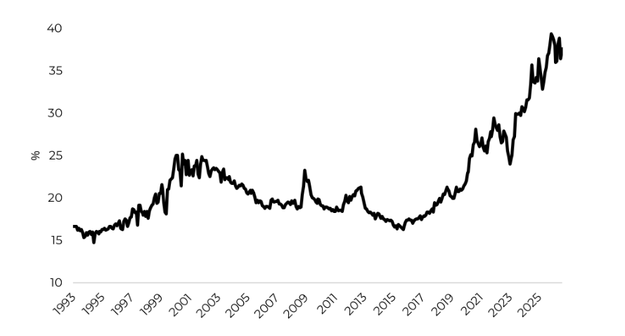 Grafiek: het gewicht van de top 10 van de S&P 500