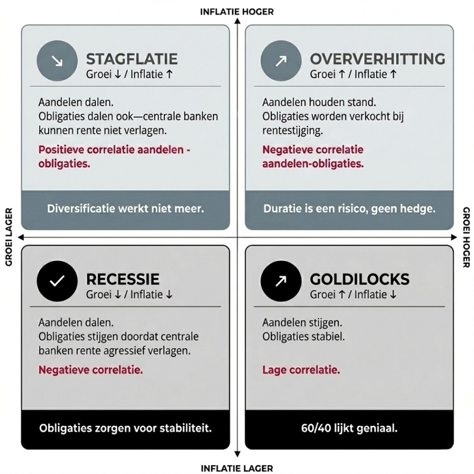 Matrix van economische scenario's volgens groei en inflatie: recessie, stagflatie, oververhitting en Goldilocks.